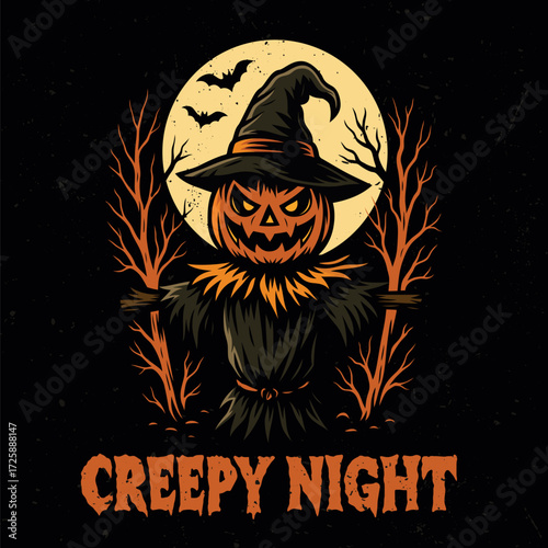 Spooky halloween vector illustration featuring a scary pumpkin  scarecrow with hat. Tee design for printing. Good for poster, wallpaper, t-shirt, gift.