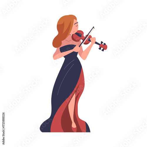 Woman Musician Character Play Violin Musical Instrument Standing on Stage Vector Illustration
