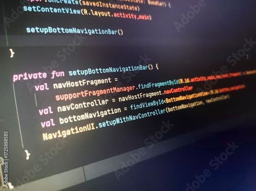 Code snippet showing the function setupBottomNavigationBar in Kotlin for Android development. It sets up the navigation controller within an app. Ideal for tech blogs.