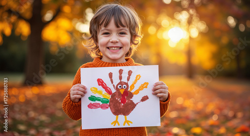 Child holding a Thanksgiving turkey handprint art in a fall park setting