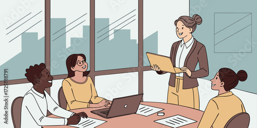 Office Team Meeting with : Female Manager – Corporate Leadership and Employee Collaboration Illustration