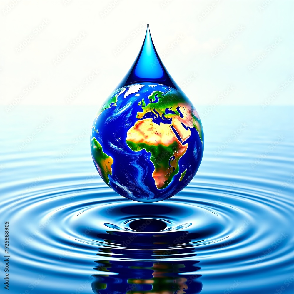 Obraz premium A single drop of water with the Earth inside creating ripples on a blue surface, symbolizing the importance of water conservation and its impact on our planet
