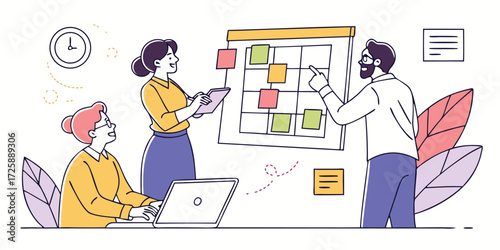 Creative brainstorming meeting with sticky notes on board vector illustration