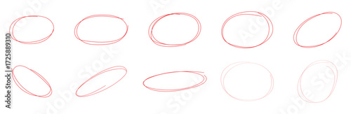 Set of drawn oval red circles in different shapes. Hand drawn circular scribble doodle round circles for message and for note mark. Marker ellipses frames in sketch style. Vector illustration. EPS 10