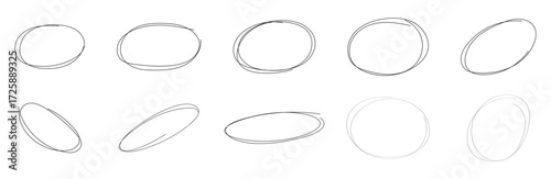 Set of drawn oval red circles in different shapes. Hand drawn circular scribble doodle round circles for message and for note mark. Marker ellipses frames in sketch style. Vector illustration. EPS 10
