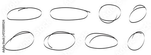 
hand drawn red circles and ovals highlighter line strokes sketch set. hand drawn brush stroke for highlighting mistake. circle editing highlight hand drawn. exam element. vector and transparent png