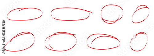 
hand drawn red circles and ovals highlighter line strokes sketch set. hand drawn brush stroke for highlighting mistake. circle editing highlight hand drawn. exam element. vector and transparent png