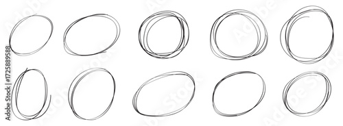 Set of drawn oval red circles in different shapes. Hand drawn circular scribble doodle round circles for message and for note mark. Marker ellipses frames in sketch style. Vector illustration. EPS 10