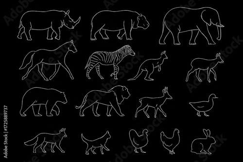 Walking Animal Silhouettes CAD Vector Set on Black Background for Architecture and Urban Design