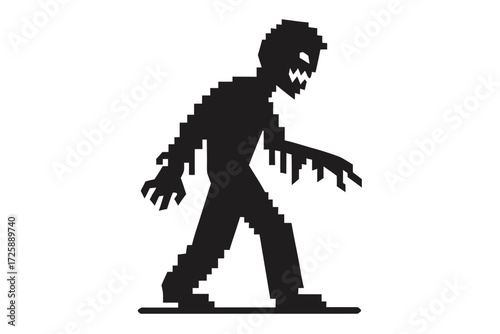 Pixelated shadowy monster walks forward showing sharp teeth against a stark white background
