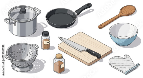 Isometric illustration of kitchen utensils and cookware.