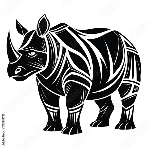 Stylized Tribal Rhino Silhouette: Powerful, Monochromatic Vector Illustration for Design Projects