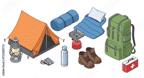 Camping equipment isometric illustration.