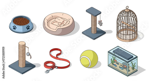 Isometric pet supplies: bowls, beds, scratching posts, cages, leash, ball, and fish tank.