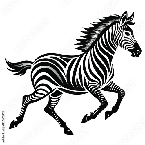 Stylized Black and White Zebra in Motion: Elegant, Powerful, African Wildlife Design Element