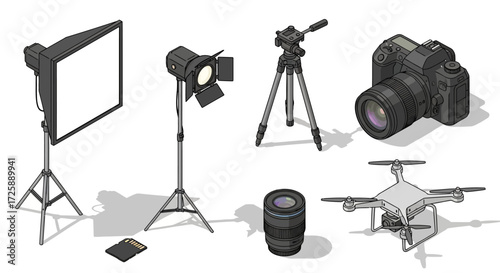 Isometric illustration of photography and videography equipment.
