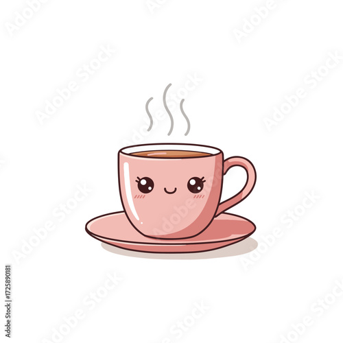 Cute Kawaii Coffee Cup with Smiling Face Cartoon Illustration