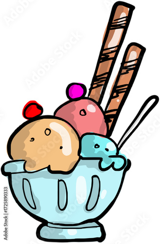 Delicious ice cream sundae with three scoops and wafer cookies