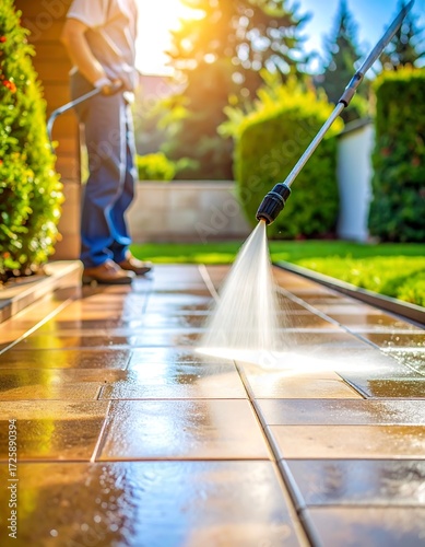 Outdoor patio cleaning with high-pressure water