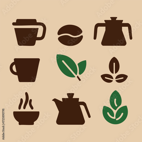 International Coffee Day vector set featuring coffee cups, barista scenes, latte art hearts, coffee beans, and coffee pots in warm tones, perfect for social media and holiday designs.