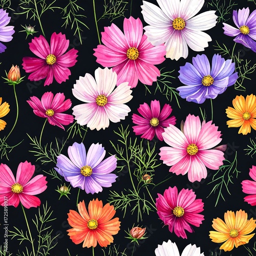 Vibrant cosmos flowers in various colors on a dark background, arranged in a repeating pattern