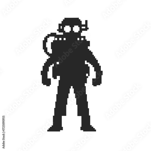 Pixelated silhouette shows a diver wearing scuba gear standing still in digital format
