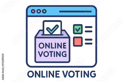 Online voting interface with ballot box and checkmarks on screen  