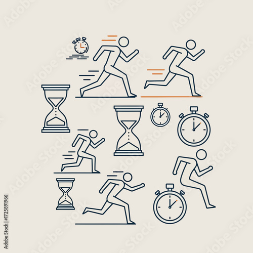 Line art graphic illustrating the pressure of time management, with running figures and timers symbolizing speed, productivity, and deadlines