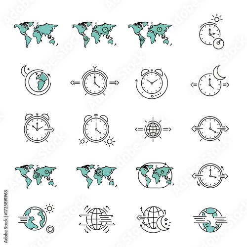 World Map and Clock Icons Time Zones, Travel, and Global Concepts in Vector Graphics