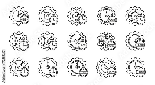 Time management and process optimization icon collection featuring outline symbols of gears, clocks, and stopwatches for productivity concepts