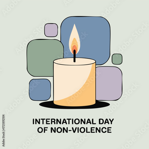 Scalable vector illustration of dove in geometric sky, globe with peace symbols, group holding hands circle, and abstract harmony elements, perfect for International Day of Non-Violence campaigns.