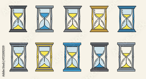 A diverse collection of colorful hourglass and sandglass timer icons presented in a flat vector design style