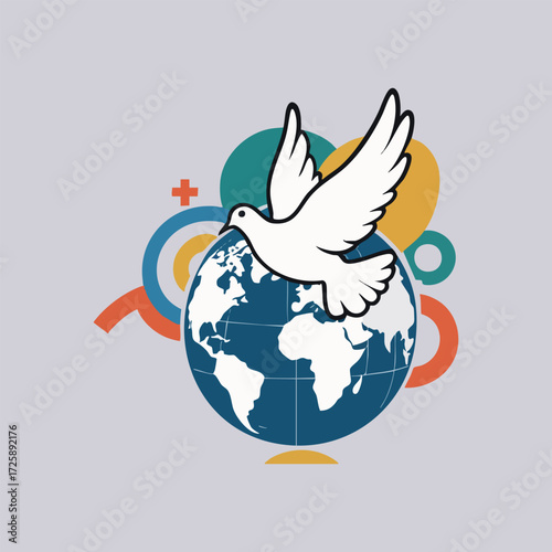Vector illustration for International Day of Non-Violence featuring dove carrying olive branch, globe with floating hearts, candle of peace, and abstract geometric elements in solid colors.