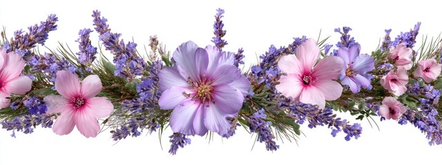 Floral border of pink and purple flowers, including lavender,  arranged in a horizontal line against a white background