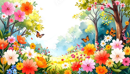 Vibrant floral landscape with butterflies, path leading into a sunlit forest clearing