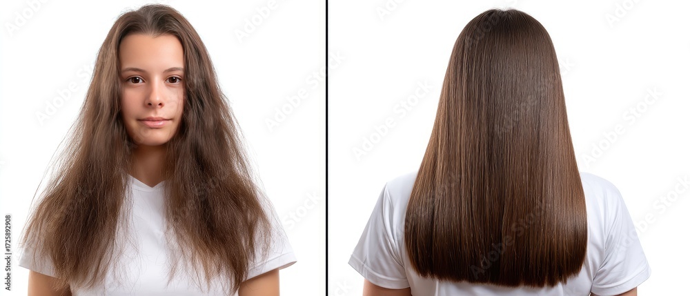 Fototapeta premium Two identical figures with long brown hair stand side by side, both wearing white tops, exuding a serene and calm aura