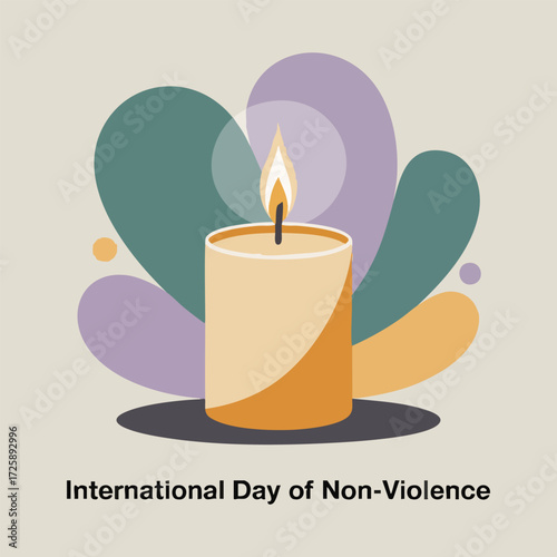 Minimalistic vector illustration celebrating International Day of Non-Violence with dove, peace hand sign, globe, heart symbols, and abstract harmony shapes in flat solid colors.