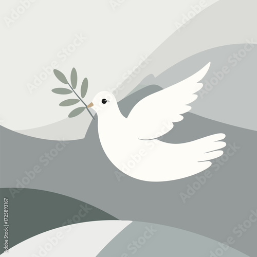 Scalable vector illustration of dove in geometric sky, globe with peace symbols, group holding hands circle, and abstract harmony elements, perfect for International Day of Non-Violence campaigns.