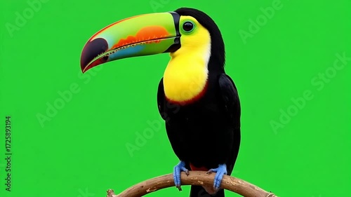Vibrant toucan perched gracefully with a colorful beak against a bright green screen, ready for your creative projects and exotic wildlife documentaries