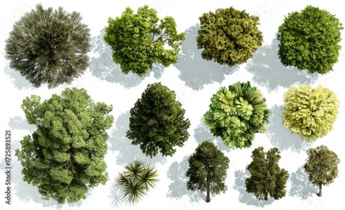 Top-down view of various tree canopies.  Different shapes and shades of green foliage.  Shadows cast beneath each tree.  Isolated on white background