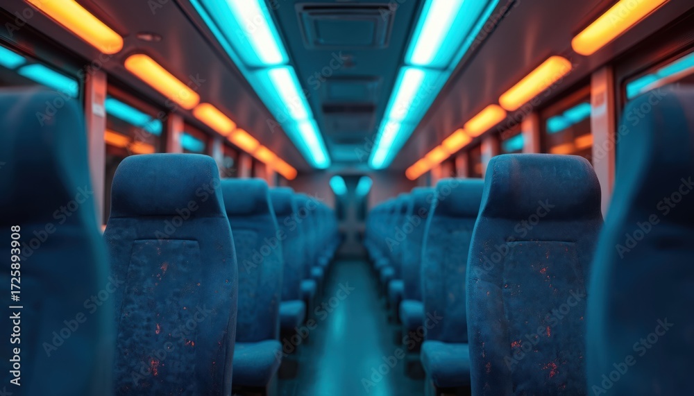 Fototapeta premium Empty bus interior with rows of blue seats. Overhead lighting in blue, orange creates modern, futuristic ambiance. Clean, well-lit vehicle offers comfortable seating for intercity travel, tourism,