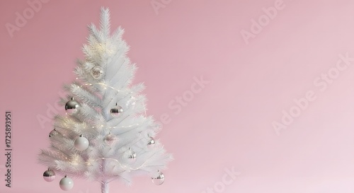 A minimalist white Christmas tree adorned with silver ornaments stands out against a soft pink background, perfect for holiday decor.