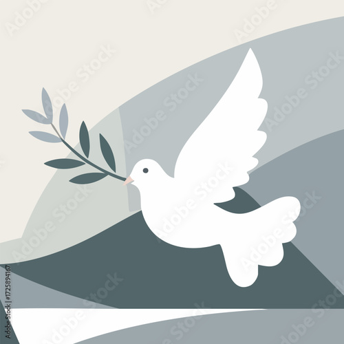 Vector illustration for International Day of Non-Violence featuring dove carrying olive branch, globe with floating hearts, candle of peace, and abstract geometric elements in solid colors.