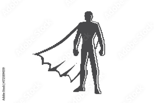 Pixelated superhero silhouette stands powerfully with cape, creating a retro and formidable stance