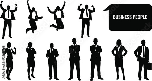 Happy business people silhouettes. A group of excited business men and women celebrating success, isolated on white background
