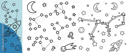 Whimsical hand drawn constellations stars moon rockets and shooting stars on a blue background for childrens designs
