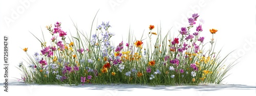 Vibrant meadow of wildflowers in various colors, nestled within a bed of grass