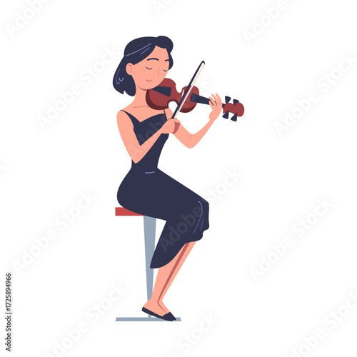 Woman Musician Character Play Violin Musical Instrument Sitting on Stage Vector Illustration