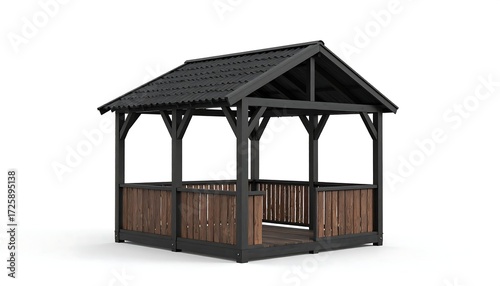 Dark gray gazebo with brown wood accents