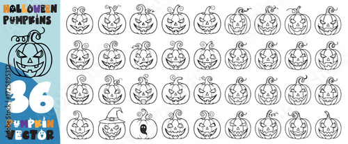 Collection of 36 hand drawn halloween pumpkin stencils with various spooky faces and designs for carving and decorating